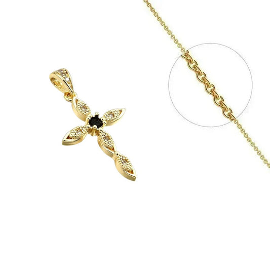 Collier doré chaîne et pendentif croix zirconiums blanc et noir sertis