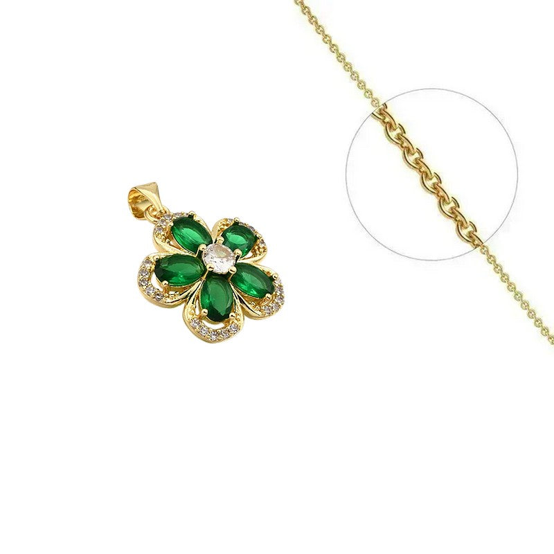 Collier doré chaîne et pendentif fleur vert zirconiums sertis