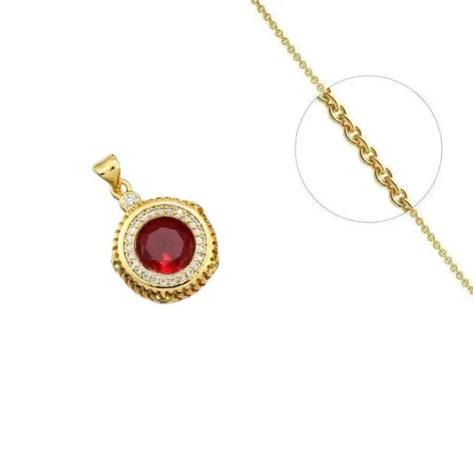 Collier doré chaîne et pendentif rosace rouge orné de zirconiums sertis