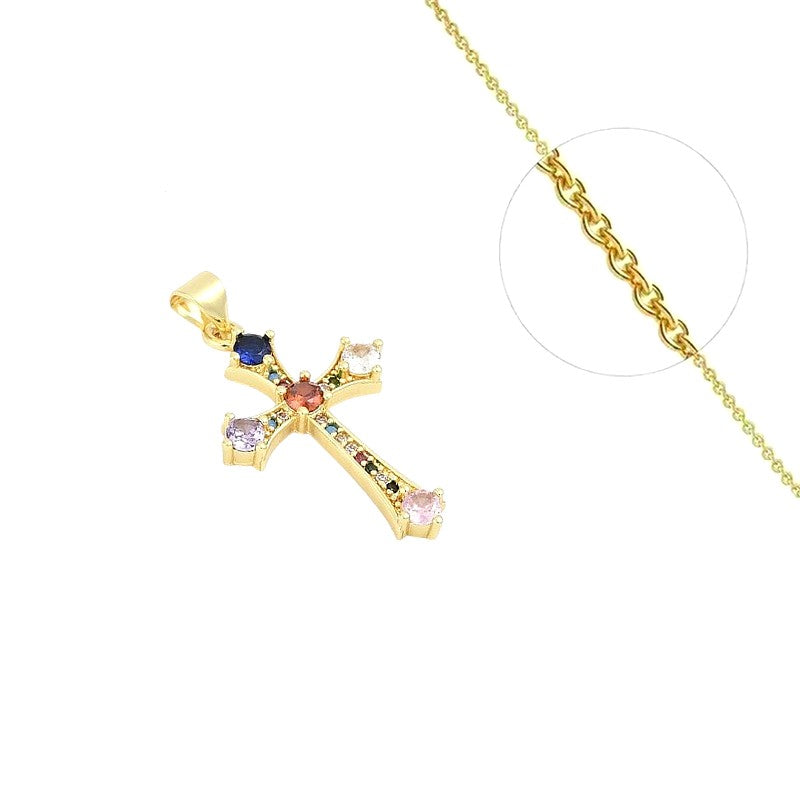 Collier chaîne et pendentif croix zirconiums couleurs sertis