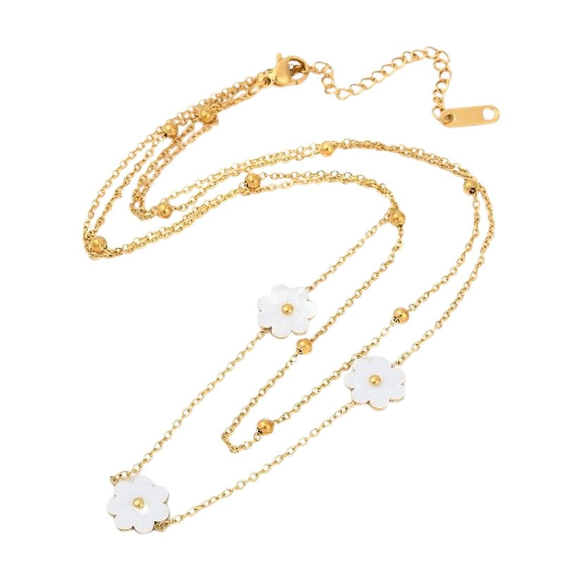 Collier chaîne et pendentif acier inoxydable double chaine 3 fleurs blanches