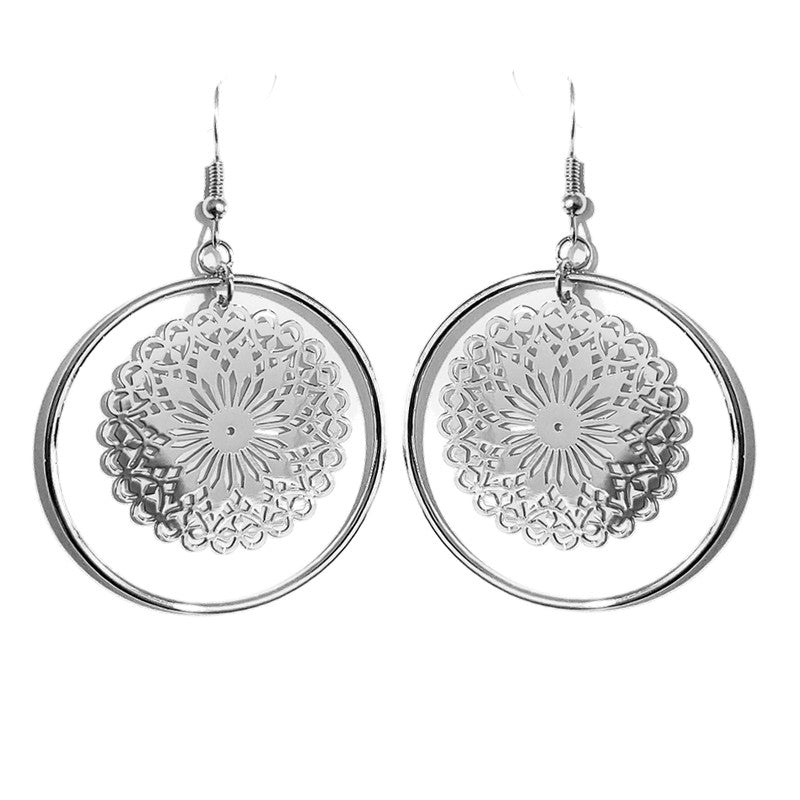 Boucles d'oreilles fantaisie cercle rosace filigrane argent