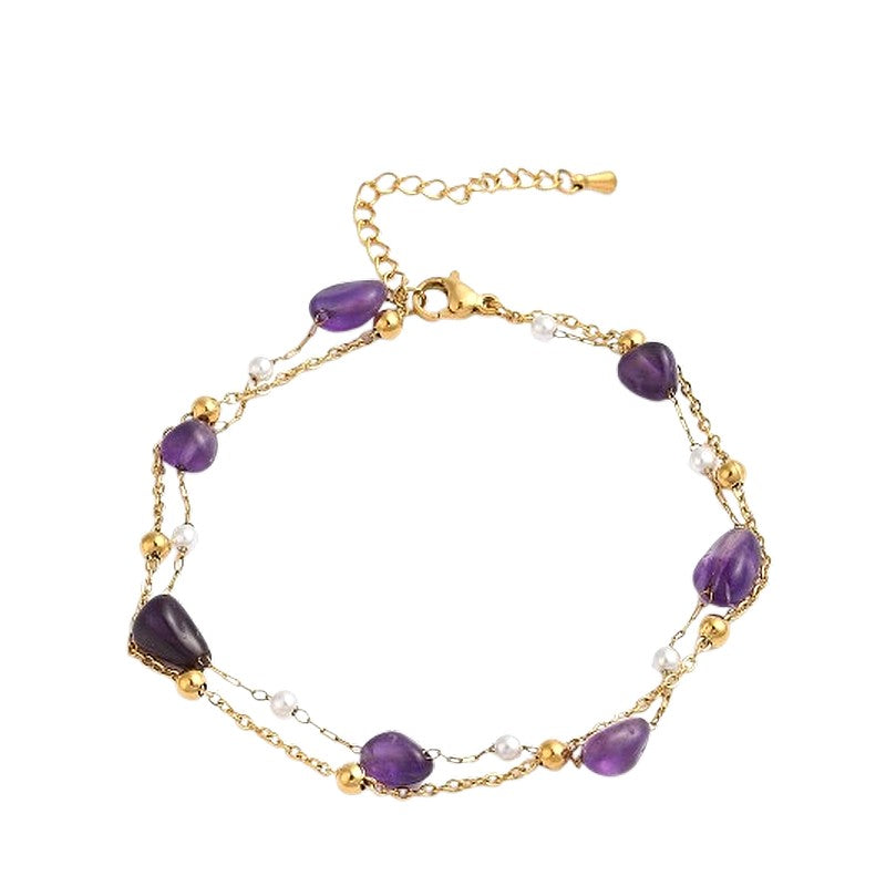 Chaîne de cheville en acier inoxydable double rangs pierres naturelles améthyste