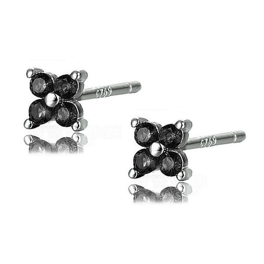Boucles d'oreilles argent 925 fleur diamant CZ noir