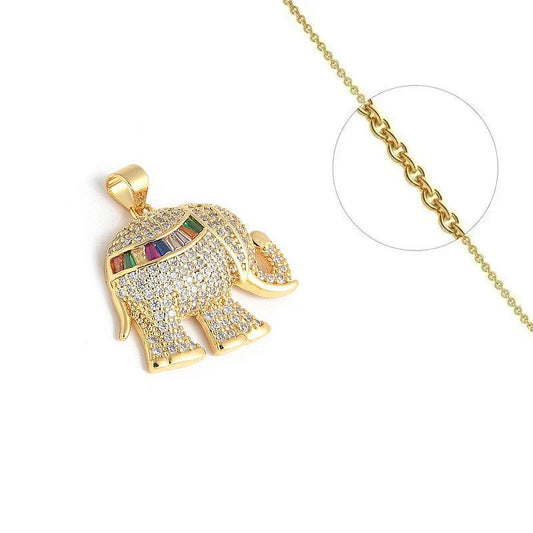 Collier doré chaîne et pendentif éléphant zirconiums couleurs sertis