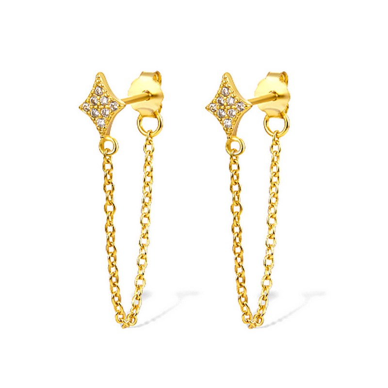 Boucles d'oreilles argent 925 or diamant CZ avec chaîne