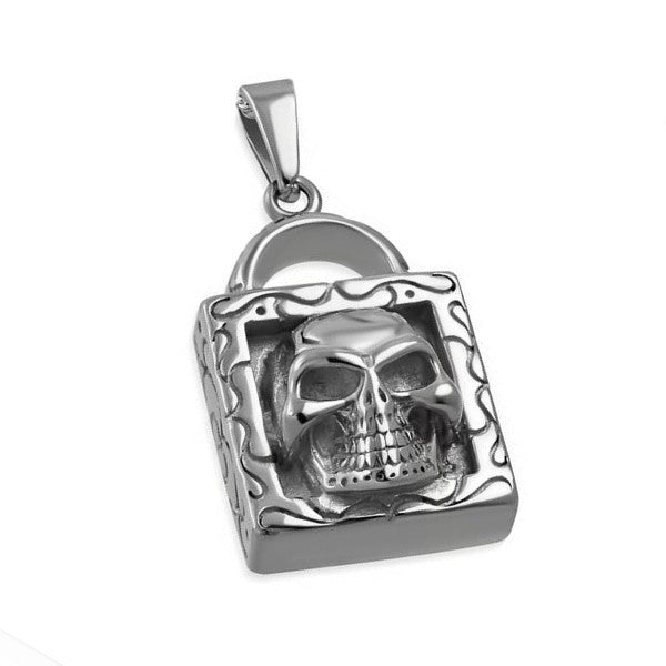 Pendentif acier 316 argenté Gothique Rock ou Biker - Tête de mort cadenas
