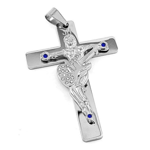 Croix guitare JOHNNY HALLYDAY en acier 316 - Couleur argenté - 5.5 cm pierre bleu avec cordon cuir