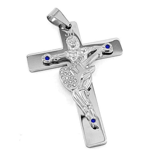 Croix guitare JOHNNY HALLYDAY en acier 316 - Couleur argenté - 5.5 cm pierre bleu avec cordon cuir