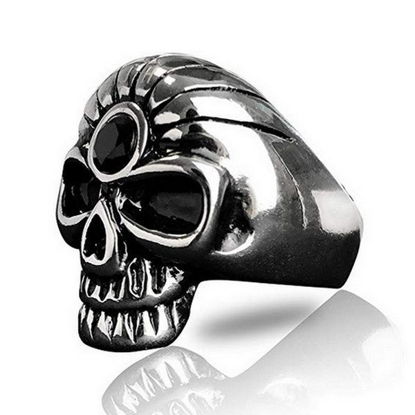Bague acier 316 - Couleur argenté - Tête de mort strass noir initial JH ( Johnny Halliday )
