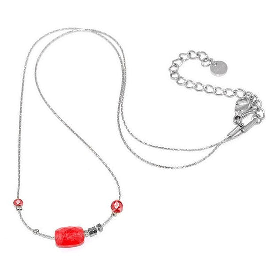 Collier pour femme - Acier argenté - Pierre minérale gemme rouge