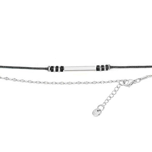 Bracelet pour femme double chaîne acier 316 - noir - Tube argenté pierre naturelle Agate