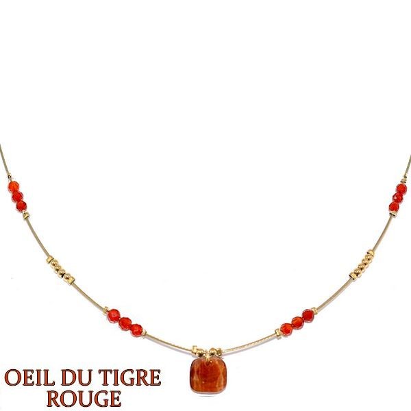 Collier pour femme acier & pierre - Oeil du tigre rouge - Perles rouge
