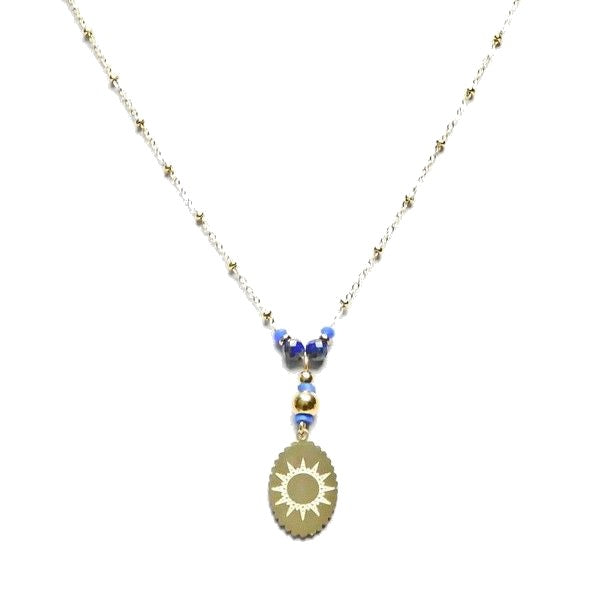 Collier pour femme - pendentif soleil - acier pierre naturelle - Lapis lazuli