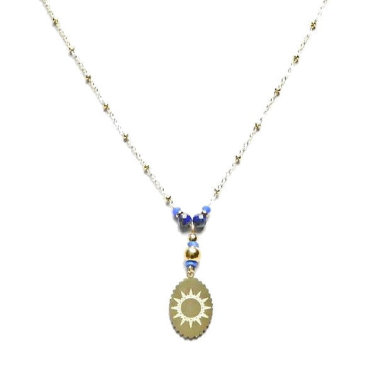 Collier pour femme - pendentif soleil - acier pierre naturelle - Lapis lazuli
