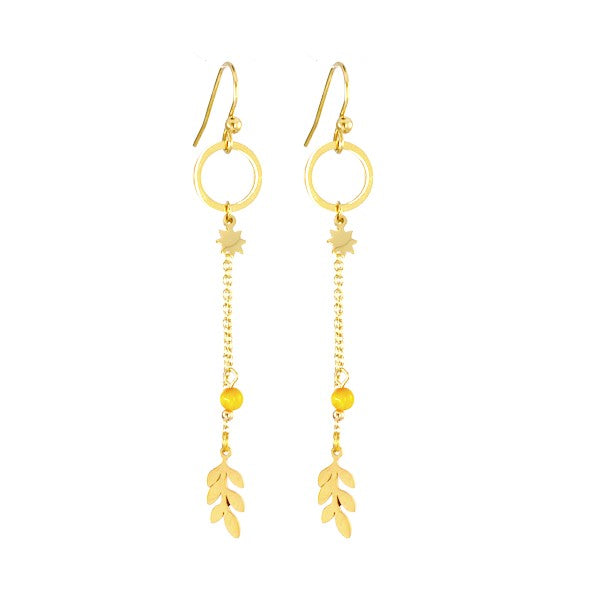 Boucles d'oreilles pour femme pendante acier étoile et feuille gemme orangé