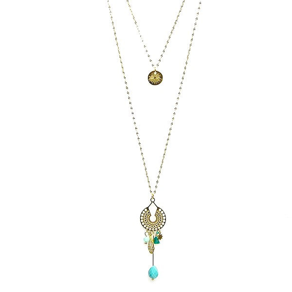 Collier pour femme - acier pierre naturelle - breloques - turquoise