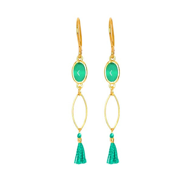 Boucles d'oreilles pour femme pierre naturelle pompon et gemme vert turquoise