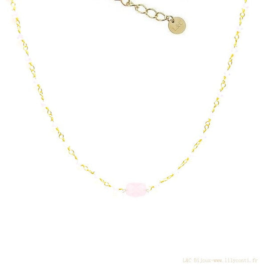 Collier pour femme acier 316 pierre naturelle Gemme rose