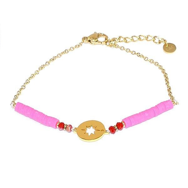 Bracelet acier 316 inoxydable disque étoile doré gomme fushia Jaspe rouge