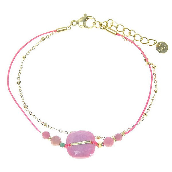 Bracelet femme double rangs acier inoxydable pierre carré Rhodonite