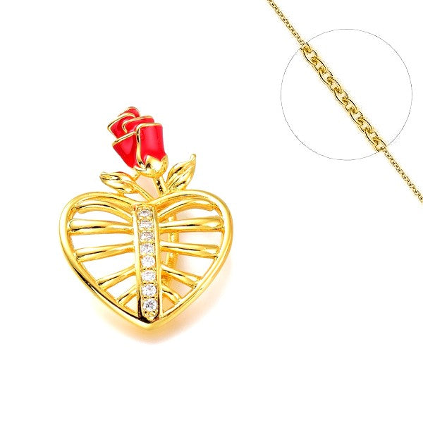 Collier chaine et pendentif zircon cubique coeur avec fleur