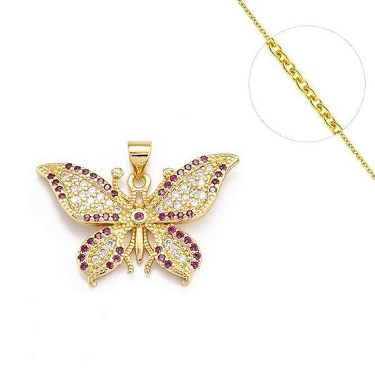 Collier chaine et pendentif zircon cubique fuchsia et blanc papillon