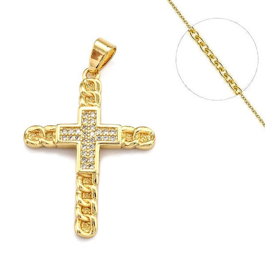 Collier chaine et pendentif zircon cubique croix maille gourmette