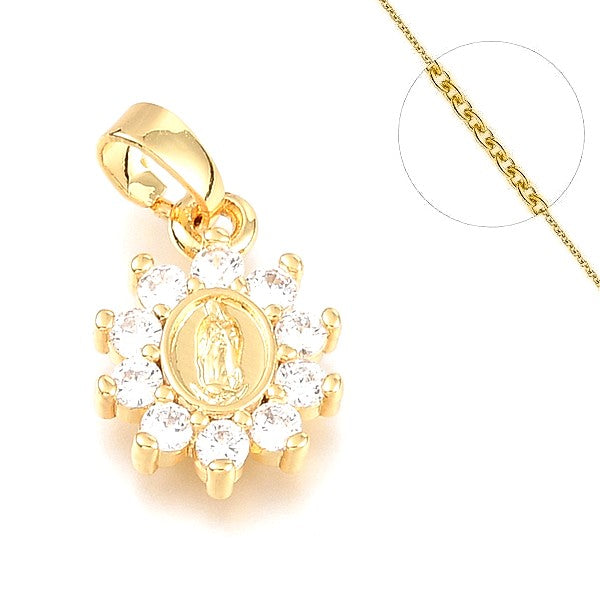 Collier chaine et pendentif zircon cubique fleur avec vierge