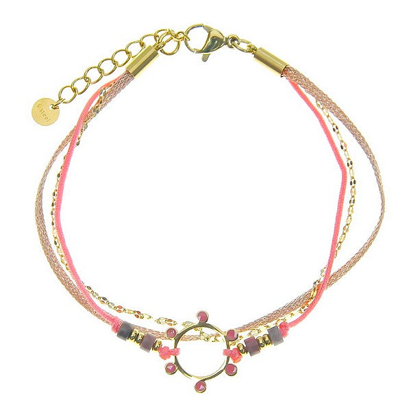 Bracelet acier 316 inoxydable 3 rangs soleil pierre naturelle rhodonite