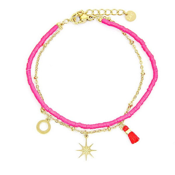 Bracelet acier 316 inoxydable 2 rangs breloques pompon rouge