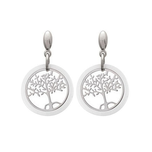 Boucles d'oreilles acier et céramique blanc arbre de vie