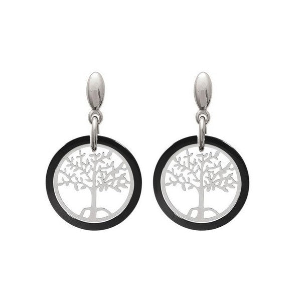 Boucles d'oreilles acier et céramique noir arbre de vie