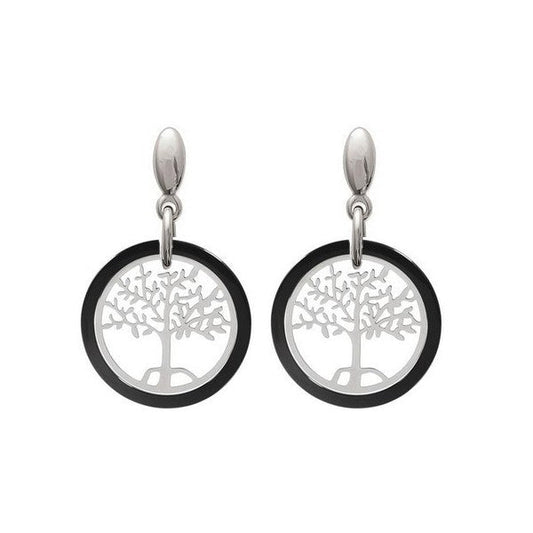 Boucles d'oreilles acier et céramique noir arbre de vie