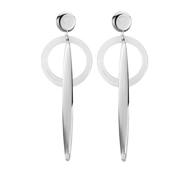 Boucles d'oreilles acier et céramique blanc cercle tombant