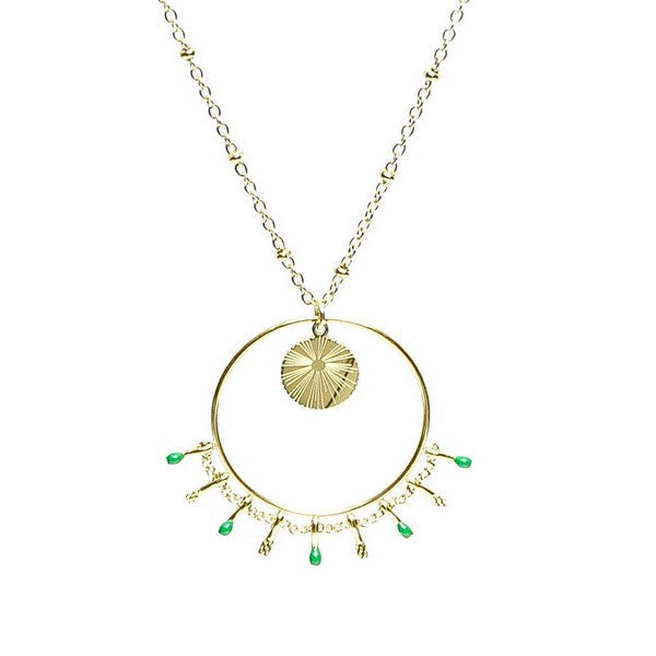 Collier acier inoxydable or breloques cercles pendants vert