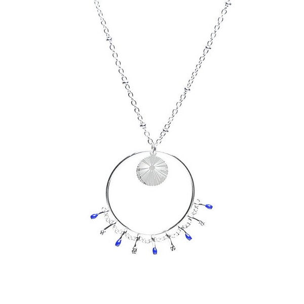 Collier acier inoxydable argenté breloques cercles pendants bleu
