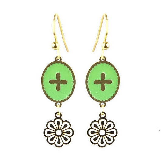 Boucles d'oreilles acier inoxydable tombante émail verte avec chaînette