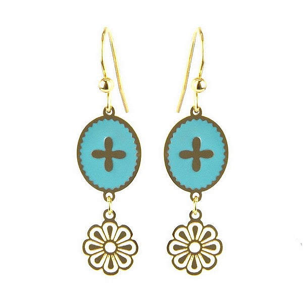 Boucles d'oreilles acier inoxydable tombante émail bleu avec chaînette