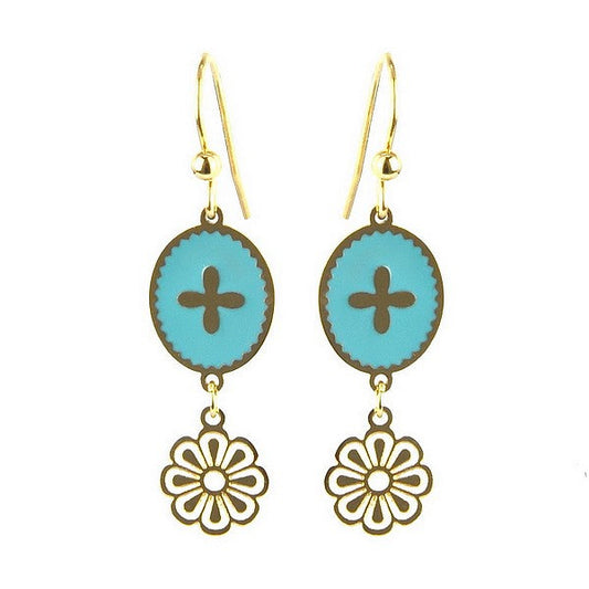 Boucles d'oreilles acier inoxydable tombante émail bleu avec chaînette