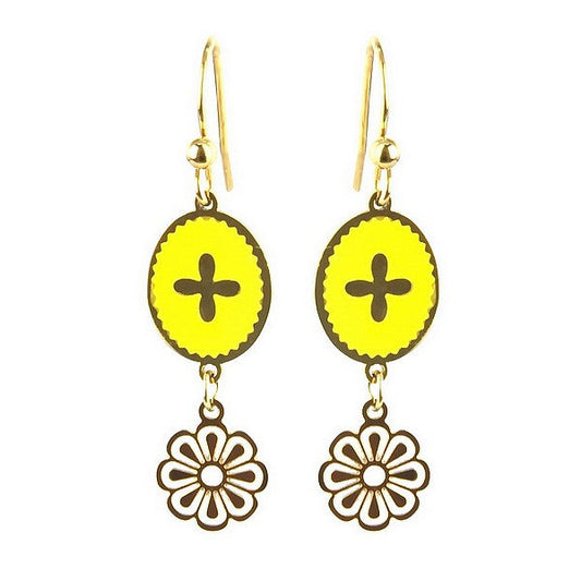 Boucles d'oreilles acier inoxydable tombante émail jaune avec chaînette
