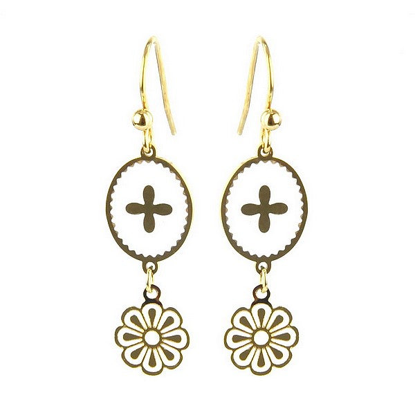 Boucles d'oreilles acier inoxydable tombante émail blanche avec chaînette