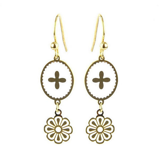 Boucles d'oreilles acier inoxydable tombante émail blanche avec chaînette