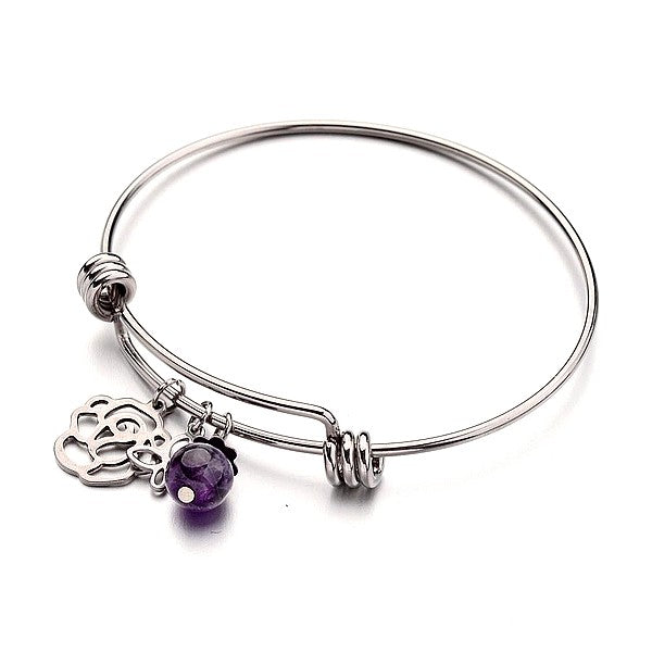 Bracelet acier inoxydable breloques fleur papillon pierre naturelle améthyste