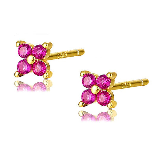 Boucles d'oreilles argent 925 or fleur diamant CZ fushia