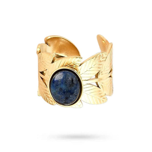 Bagues pour femme acier inoxydable feuille pierre naturelle lapis lazuli
