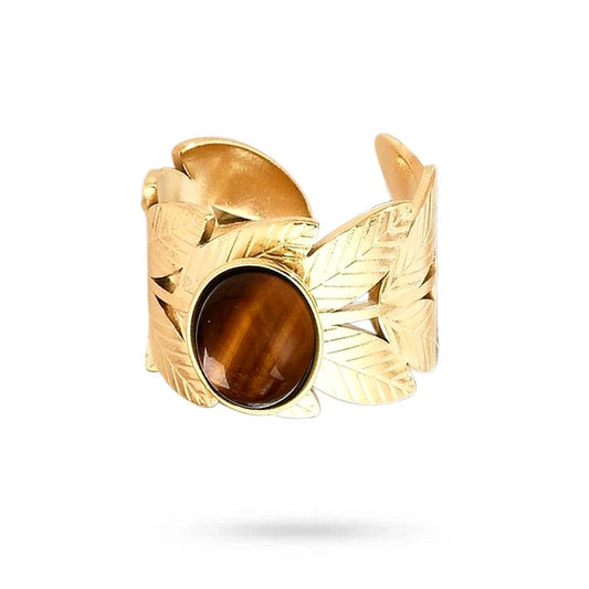 Bagues pour femme acier inoxydable feuille pierre naturelle œil de tigre