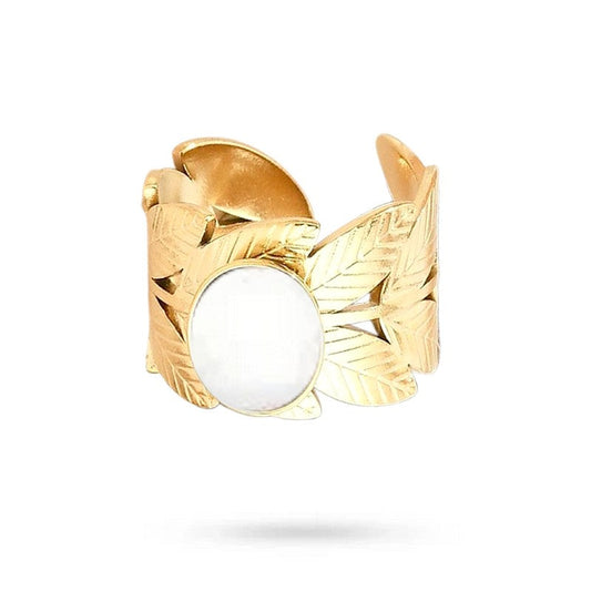 Bagues pour femme acier inoxydable feuille pierre naturelle agate blanche