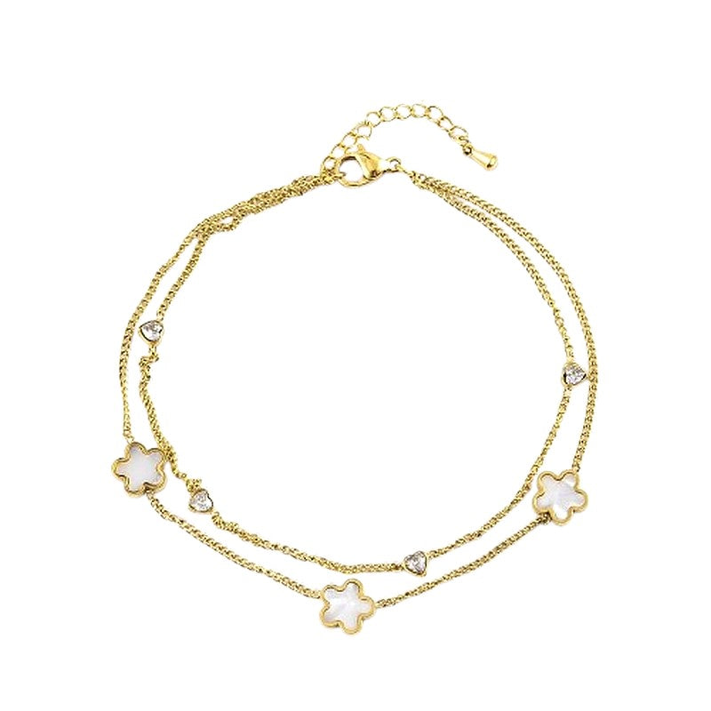 Chaîne de cheville en acier inoxydable double rangs breloque coquille de nacre et zirconiums