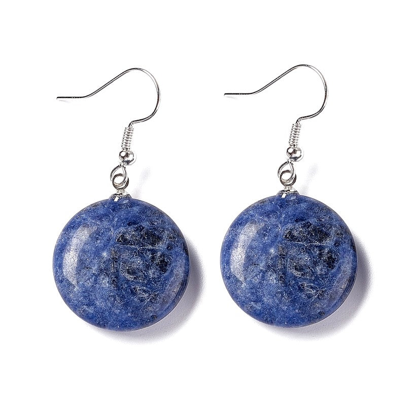 Boucles d'oreilles pendantes acier inoxydable pierres naturelles rondes sodalite